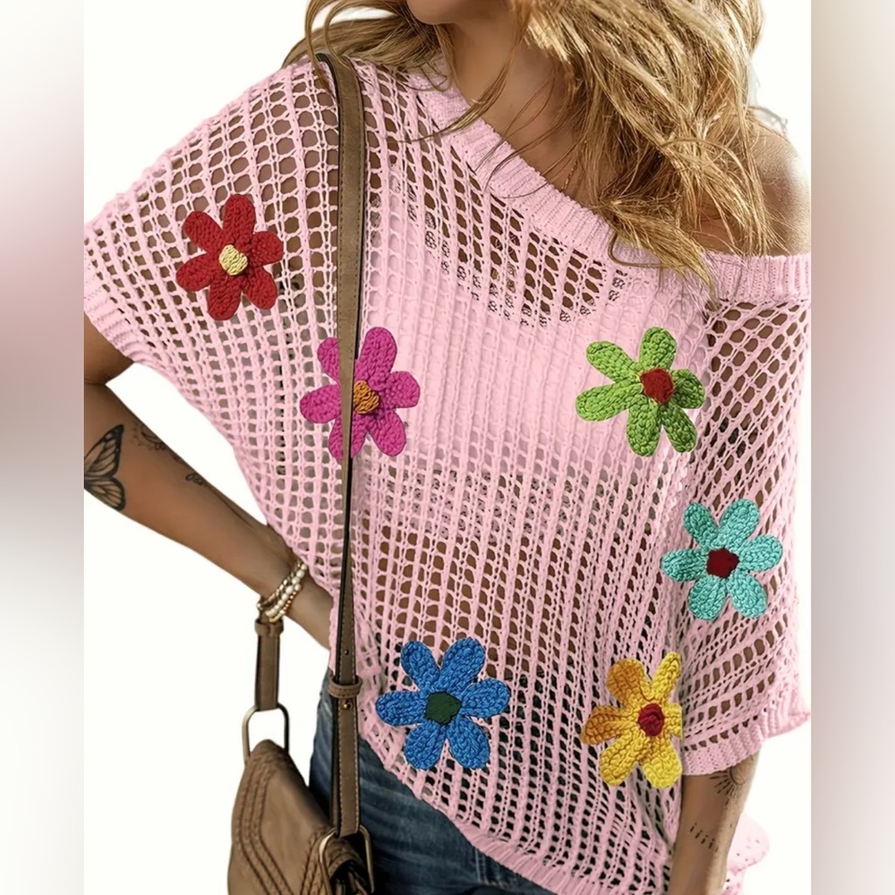 Pink Crochet Top with Colorful Flower Accents